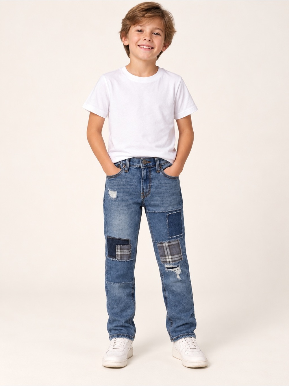 Abercrombie Kids Girls 7/8 Straight Jeans Distressed Patchwork Denim